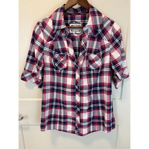 *RARE* VTG GUESS Navy/Red Plaid Snap Front *ZIP BACK* (see video!) Shirt Size XL